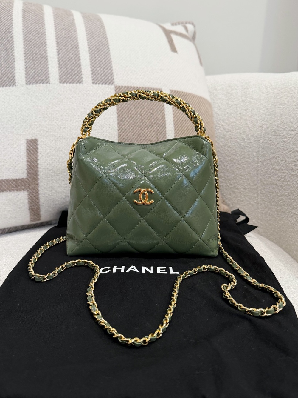 Chanel 24B Green Quilted Top-Handle Shoulder Bag